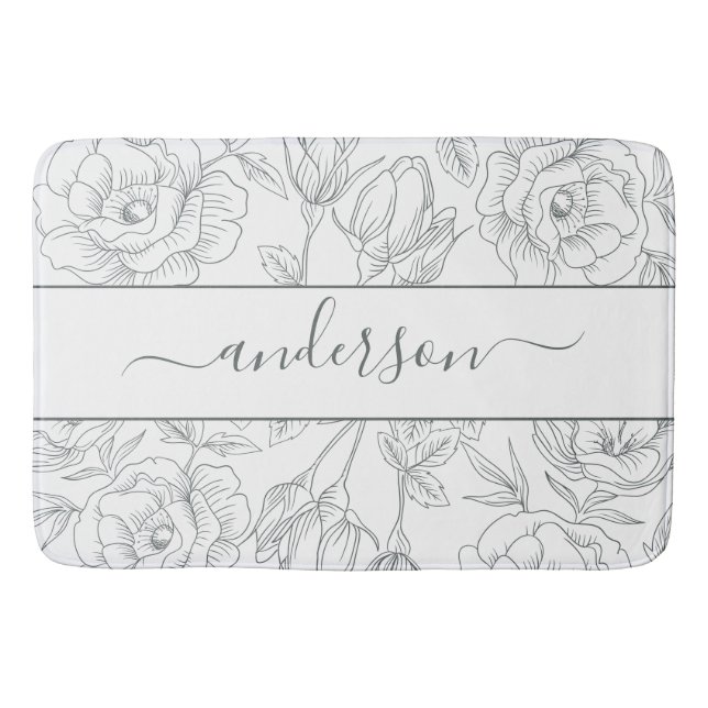 Elegant Blommigt Botaniskt Vit Grått Monogram Badrumsmatta (Framsidan)
