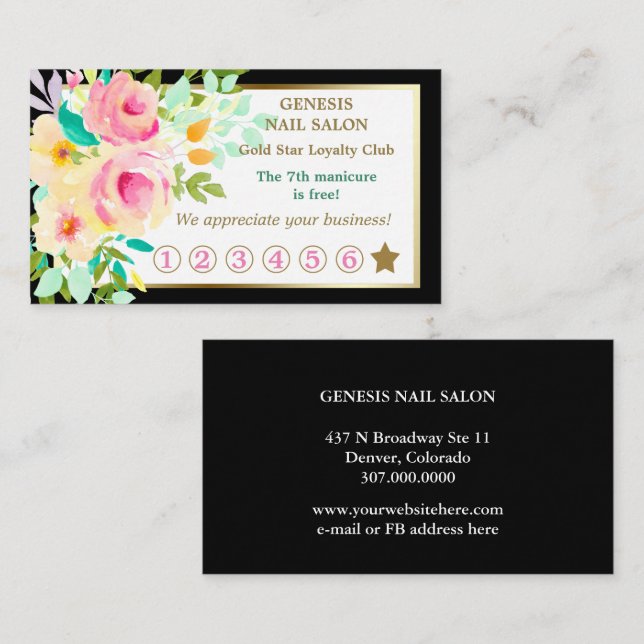 Elegant Blommigt Bouquet Nail Salon Loyalty Card Lojalitetskort (Fram/baksida)
