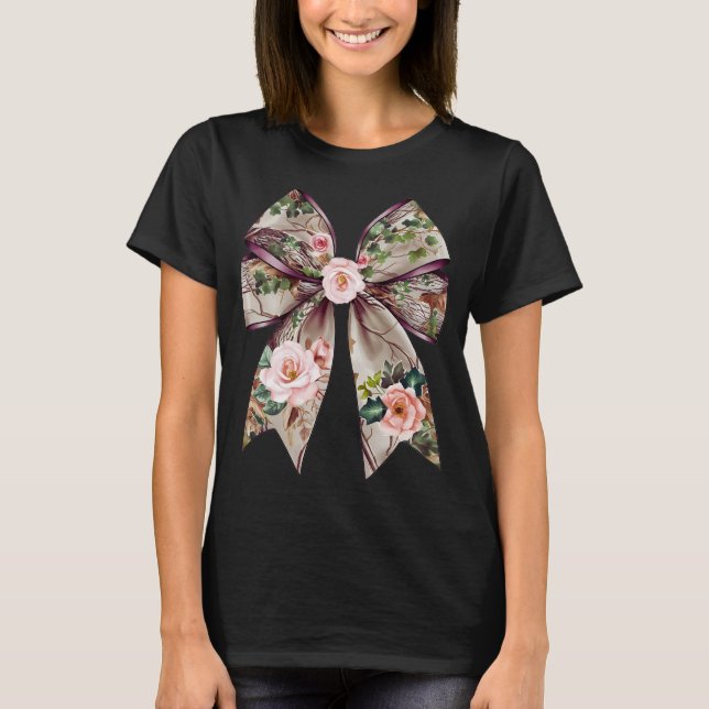 Elegant Blommigt Bow Design - Romantisk naturinspi T Shirt (Framsida)