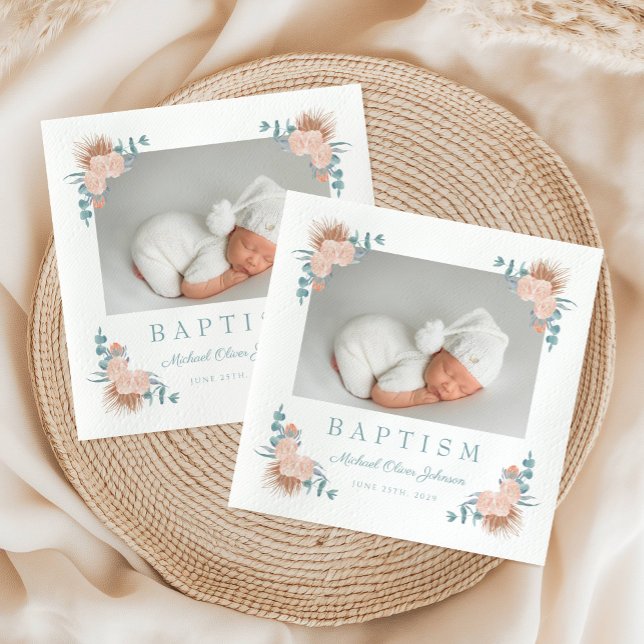 Elegant Blommigt Boy Baptism Photo Pappersservett (Elegant Floral Boy Baptism Photo Napkins)