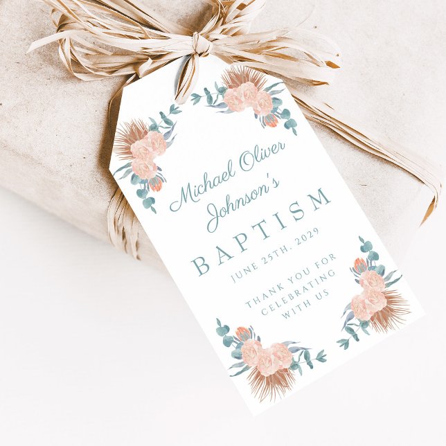 Elegant Blommigt Boy Photo Baptism Presentetikett (Elegant Floral Boy Photo Baptism Gift Tags)