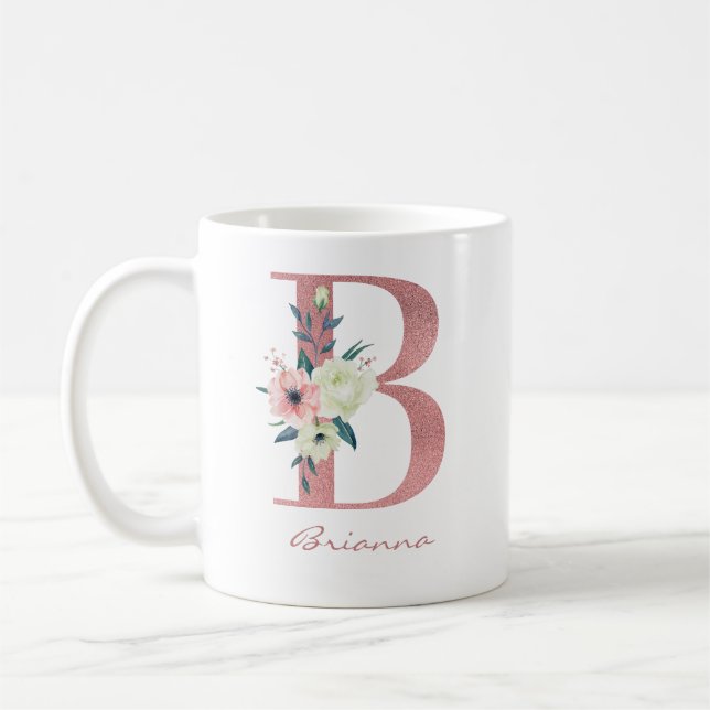 Elegant Blommigt Brev B Rosa och Elfenbenskusten B Kaffemugg (Vänster)