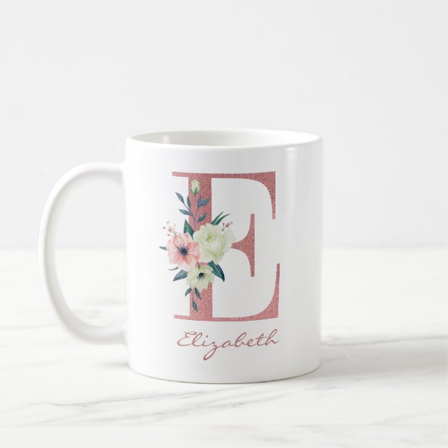 Elegant Blommigt Brev E Rosa och Elfenbenskusten B Kaffemugg (Vänster)