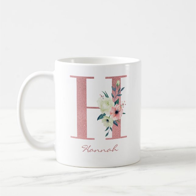 Elegant Blommigt Brev H Rosa och Elfenbenskusten B Kaffemugg (Vänster)