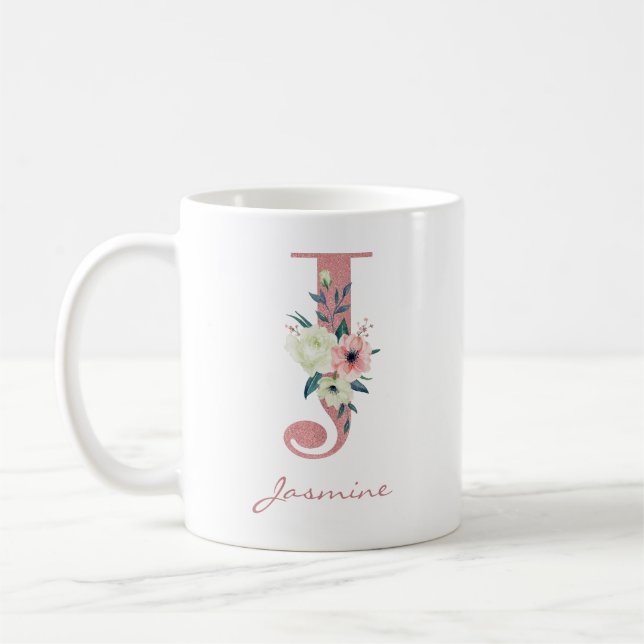 Elegant Blommigt Brev J Rosa och Ivory Bouquet Kaffemugg (Vänster)