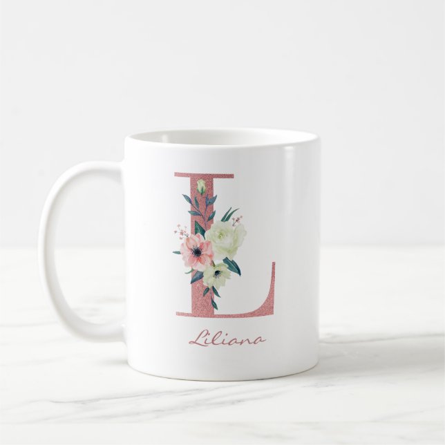 Elegant Blommigt Brev Rosa L och Ivory Bouquet Kaffemugg (Vänster)