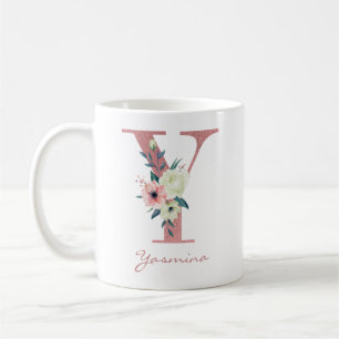Elegant Blommigt Brev Y Rosa och Ivory Bouquet Kaffemugg