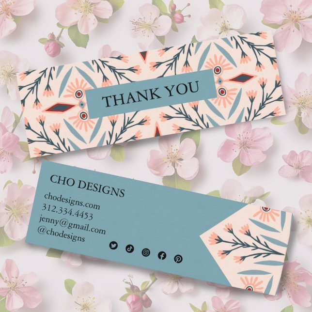 Elegant Blommigt - brickor Geometric Rosa Tack Mini Visitkort (Pretty pink and blue mini thank you for your order business cards. Social media icons)
