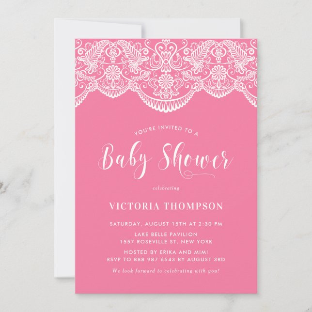 Elegant Blommigt Brocade Snöre Rosa Baby Shower Inbjudningar (Framsida)