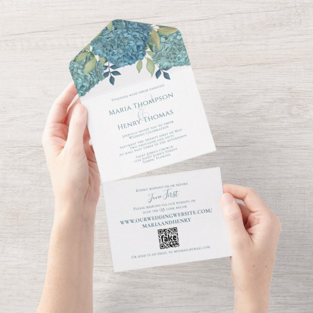 Elegant Blommigt Bröllop Blue Hydrangeas QR-kod (Tearaway)