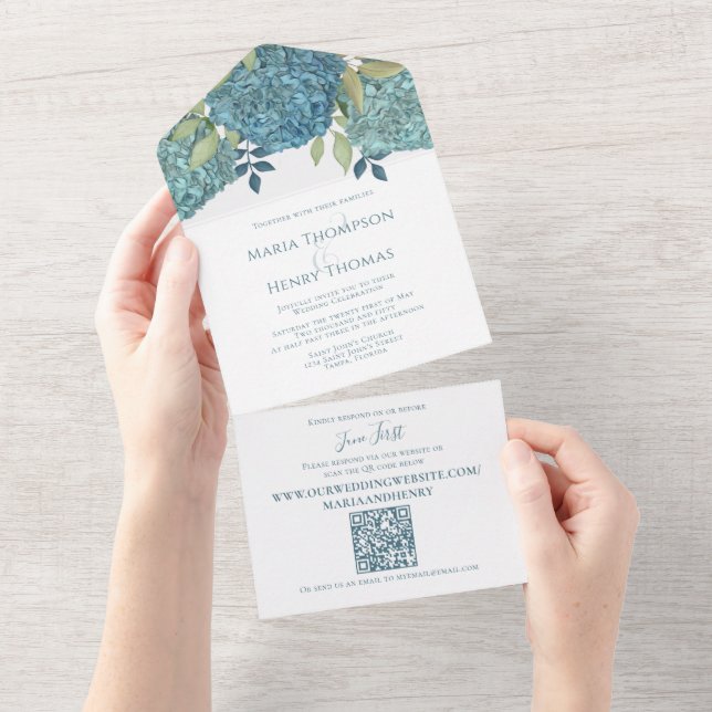 Elegant Blommigt Bröllop Blue Hydrangeas QR-kod (Avrivbar del)