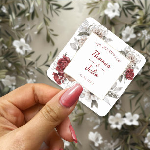 Elegant Blommigt Bröllop Burgundy & Silver Fyrkantigt Klistermärke