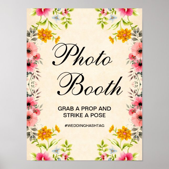 Elegant Blommigt Bröllop Photo Booth-tecken Poster (Framsidan)