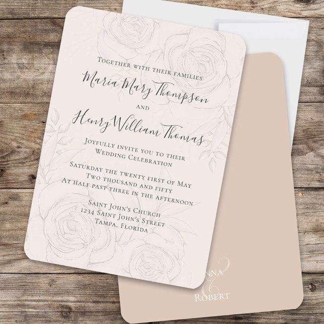 Elegant  Blommigt, Bröllop-skript, formellt Inbjudningar (Blush floral wedding invitation with a nude beige back.)