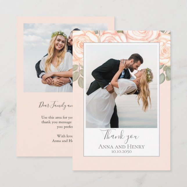 Elegant Blommigt Bröllop Tack Coral Peach Kort (Fram/baksida)