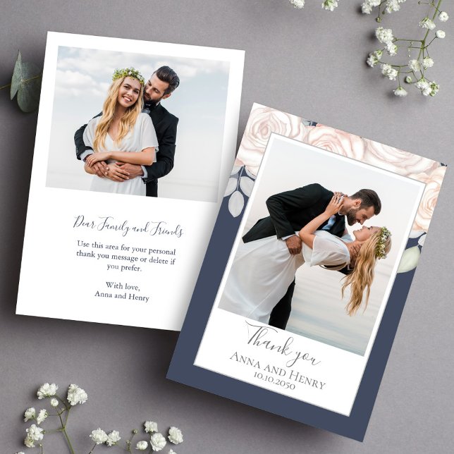Elegant Blommigt Bröllop Tack Slate Blue Simple Kort (Elegant wedding thank you card with couple photo and blush watercolor floral design.)