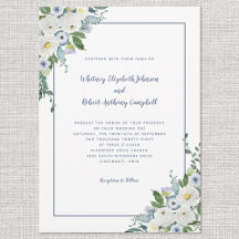 Elegant Blommigt Bröllop Vattenfärgsvit blå Chic
