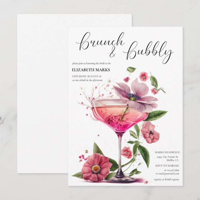 Elegant Blommigt Brunch & Bubly Möhippa Inv. Inbjudningar (Fram/baksida)