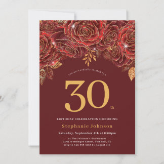 Elegant Blommigt Burgundy 30års födelsedag Guld Inbjudningar