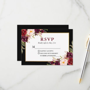 Elegant Blommigt Burgundy Black Guld Ram Bröllop OSA Kort