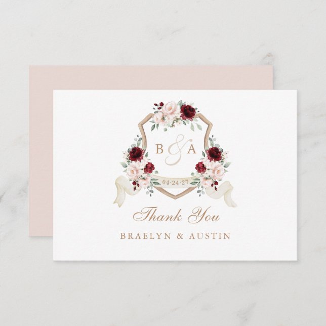 Elegant Blommigt  Burgundy Bröllop Vapensköld Tack Kort (Fram/baksida)