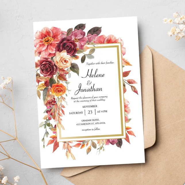 Elegant Blommigt Burgundy Burnt Orange Fall Bröllo Inbjudningar (Elegant Floral Burgundy Burnt Orange Fall Wedding Invitation)