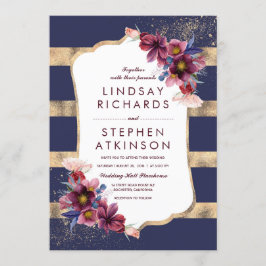 Elegant Blommigt Burgundy-flottan och Guld Bröllop Inbjudningar