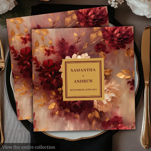 Elegant Blommigt Burgundy  Napkins Guld Bröllop Pappersservett (Elegant Floral Burgundy Blush Gold Wedding Napkins)
