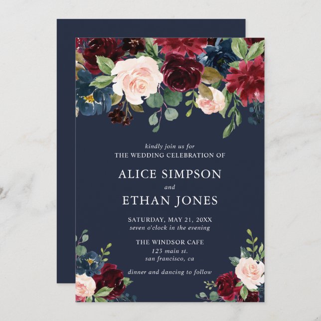 Elegant Blommigt Burgundy och marinblått Inbjudningar (Fram/baksida)