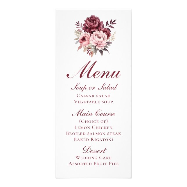 Elegant Blommigt Burgundy Peony Bröllop Menu Reklamkort (Framsidan)
