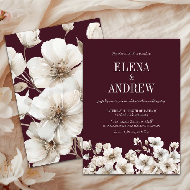 Elegant Blommigt Burgundy Red and White Bröllop Inbjudningar (Elegant Burgundy & White Floral Wedding Invitation, Winter Wedding, Fall Autumn, Love in Bloom)