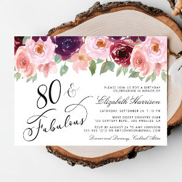 Elegant Blommigt Burgundy Rosa 80:e Födelsedagsfes Inbjudningar
