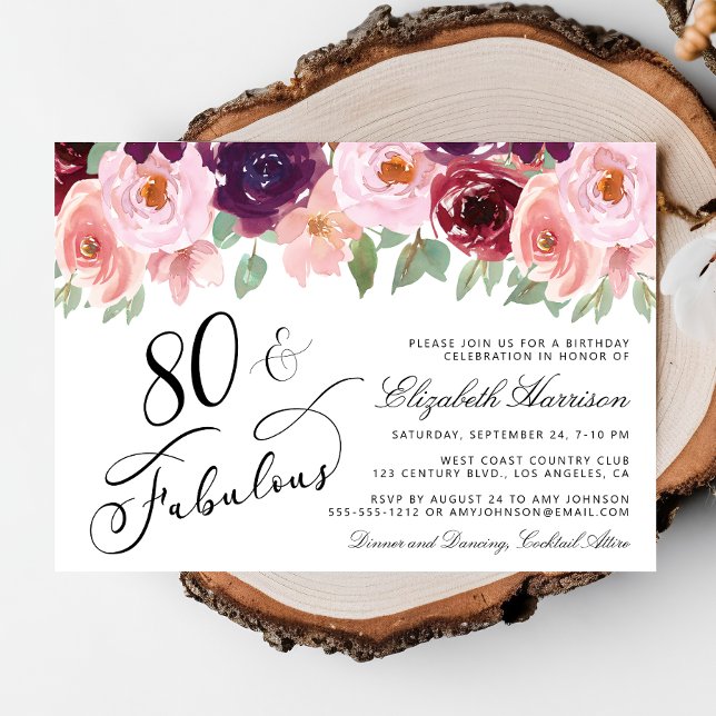 Elegant Blommigt Burgundy Rosa 80:e Födelsedagsfes Inbjudningar (Skapare uppladdad)