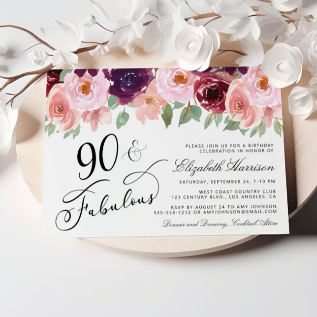 Elegant Blommigt Burgundy Rosa 90:e Födelsedagsfes Inbjudningar (Celebrate her 90 years of life with an elegant floral birthday party invitation  🎉 🎂 🥂)