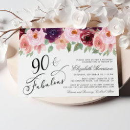 Elegant Blommigt Burgundy Rosa 90:e Födelsedagsfes Inbjudningar