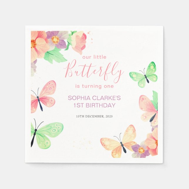 Elegant Blommigt Butterfly 1:a födelsedag Papper Pappersservett (Framsidan)
