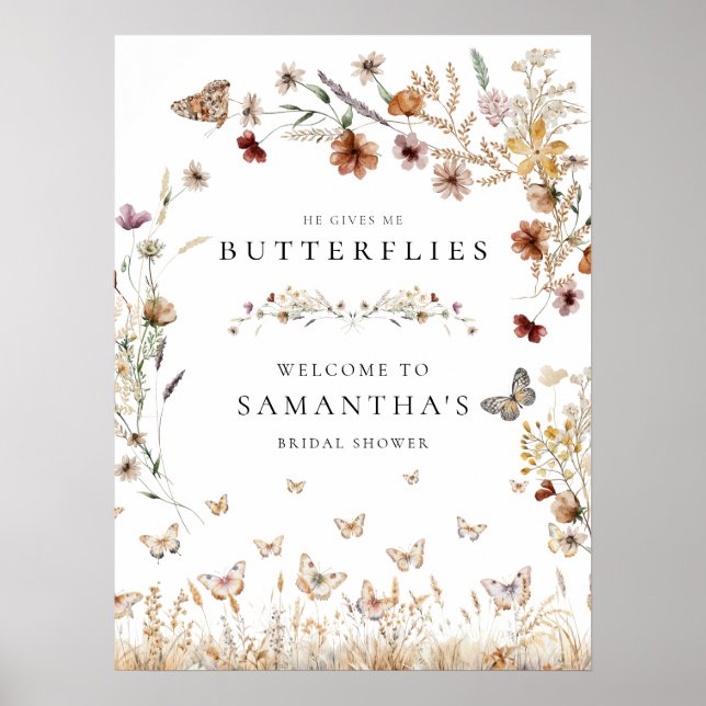 Elegant Blommigt Butterlies Möhippa Sign Poster (Framsidan)