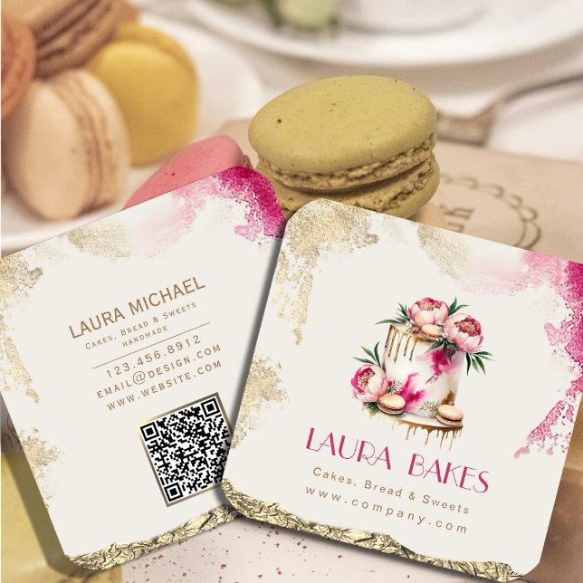 Elegant Blommigt Cake Design med Guld-accenter Fyrkantigt Visitkort (Elegant Floral Cake Design #artist #goldfoil #watercolorfloral #decorationcake #dessert,)