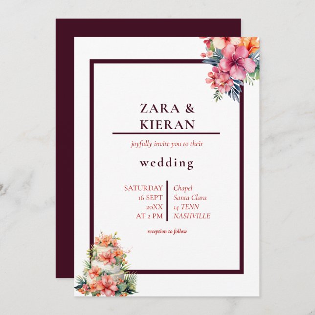 Elegant Blommigt Cake Tropical Bröllop Inbjudningar (Fram/baksida)