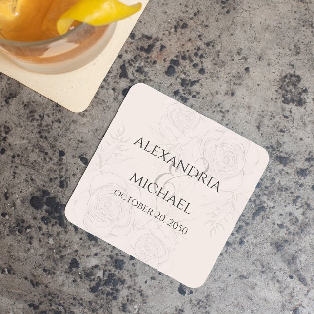 Elegant  Blommigt Calligraphy-skript Ampersand Underlägg Papper Kvadrat (Elegant blush floral wedding paper coaster. With calligraphy ampersand)