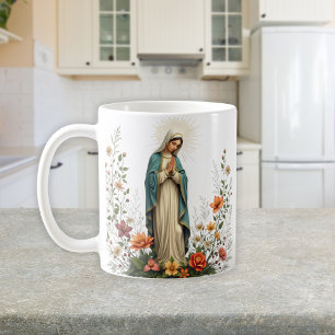 Elegant Blommigt Catholik Virgin Mary Prayer Kaffemugg