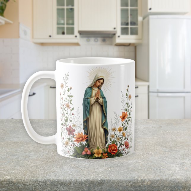 Elegant Blommigt Catholik Virgin Mary Prayer Kaffemugg (Elegant Floral Catholic Virgin Mary Prayer Coffee Mug)