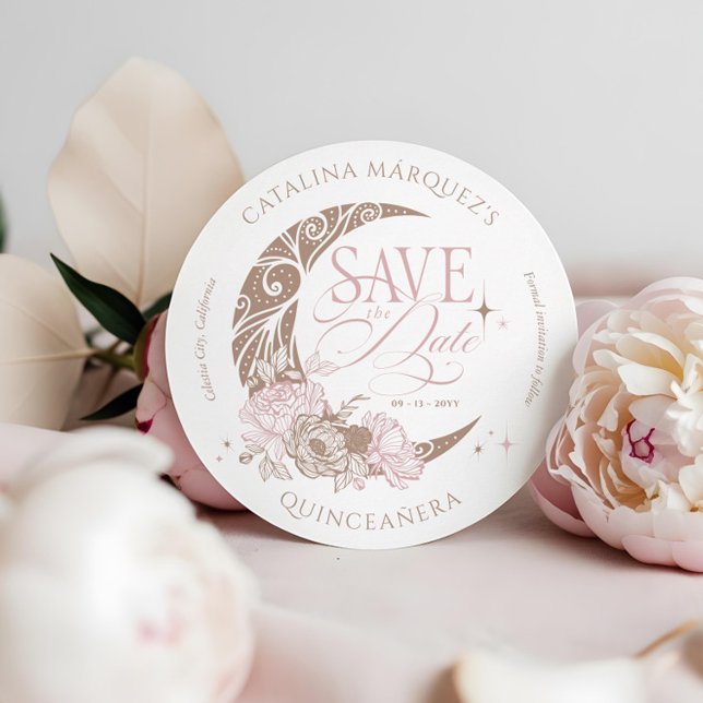 Elegant Blommigt Celestial Måne Stars Quinceanera Spara Datumet (Elegant Floral Celestial Moon Stars Quinceanera Save The Date)