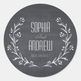 Elegant blommigt chalkboard rustic bröllop monogra runt klistermärke
