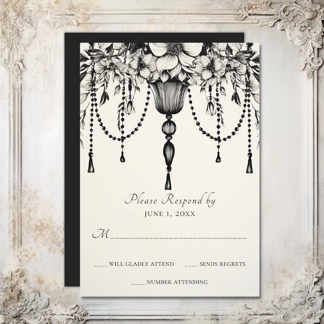 Elegant Blommigt Chandelier Black and White Bröllo OSA Kort (Elegant Floral Chandelier Black and White Wedding RSVP Card)