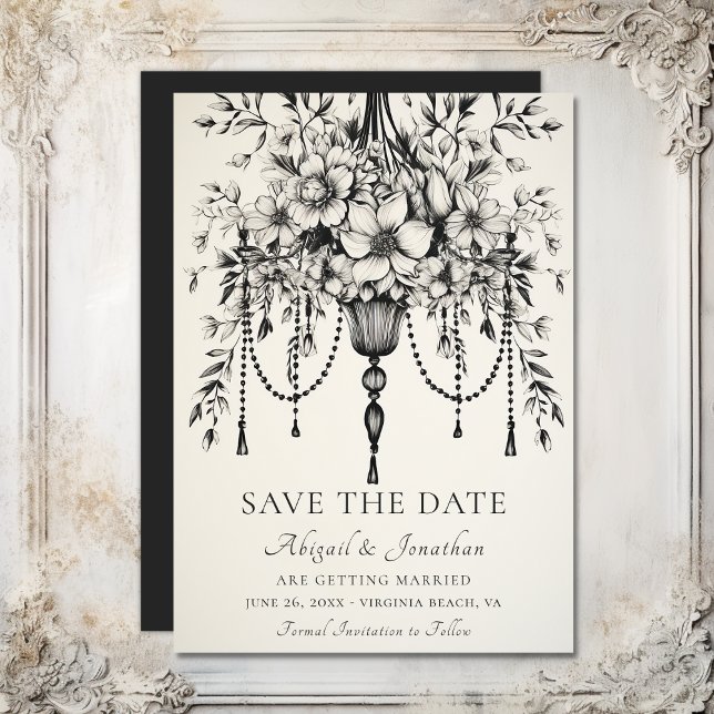 Elegant Blommigt Chandelier Black and White Bröllo Spara Datumet (Elegant Floral Chandelier Black and White Wedding Save The Date)