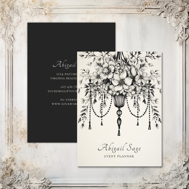 Elegant Blommigt Chandelier Black and White Visitkort (Elegant Floral Chandelier Black and White Business Card)