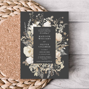 Elegant Blommigt Chic Mörk Grått Bröllop Inbjudningar