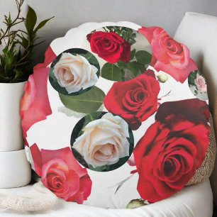 Elegant blommigt chic röd,kräm rosa vit ros rund kudde