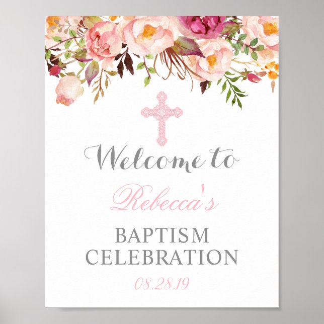 Elegant Blommigt Christing Baptism Välkomsttecken Poster (Framsidan)